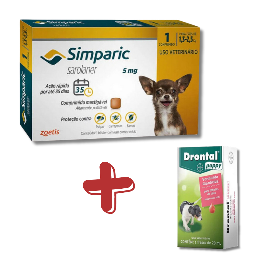 Kit Simparic Cães 1,3 a 2,5kg 1 Comprimido + Vermífugo Drontal Puppy ...