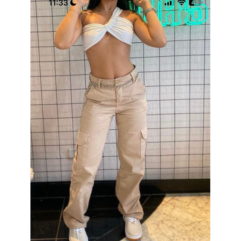 calça cargo bolsos utilitário bege