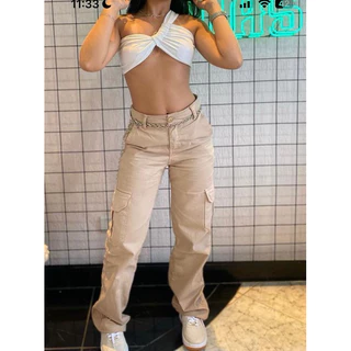 calça cargo bolsos utilitário bege