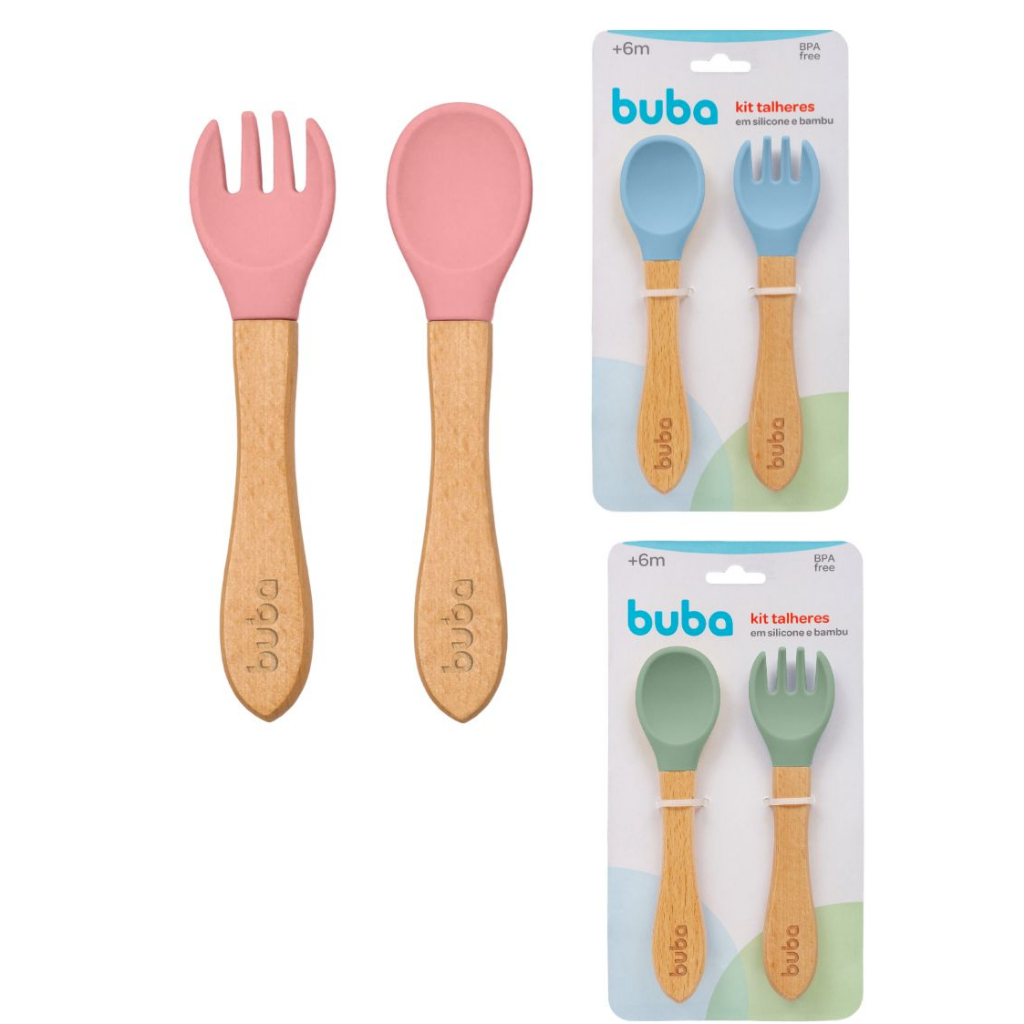 Kit Talheres Bebe Em Silicone Macio Buba Colher + Garfo - Kit