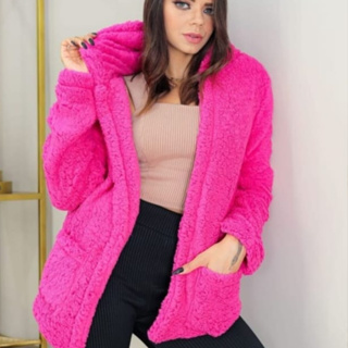 Casaco teddy peluciado feminino com touca e bolso, manga longa ted tedi