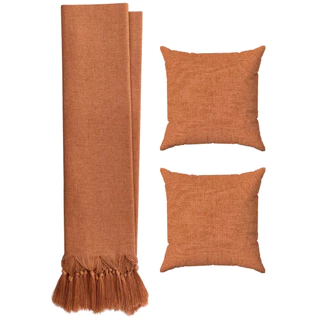 Kit Manta Para Sofá Em Linho Terracota Luxo + 2 Capas De Almofadas