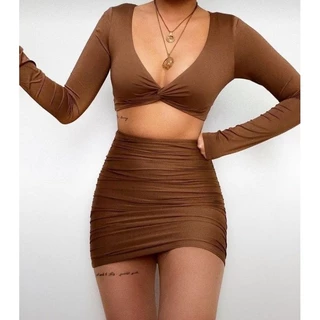 Conjunto Curto Com Saia Franzida Cropped Com Detalhe No Peito Canelado ( FERNANDA )