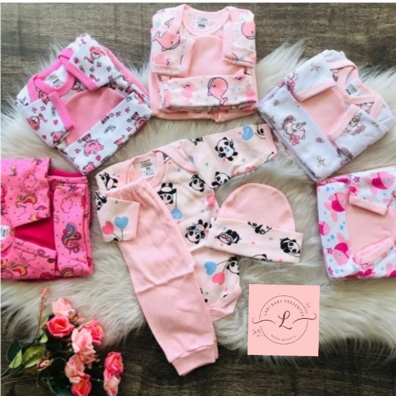 kit 3 peças RN P M ou G menina/feminino - 1 body manga longa, 1 calça/mijão e 1 touca - Conjunto bebe tecido suedine 100% algodão estilo - enxoval bebê menina