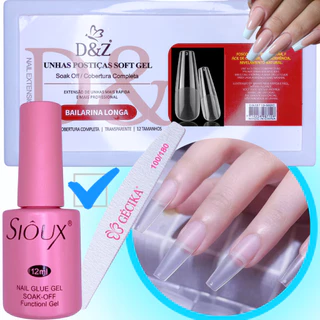 Kit Unha Postica Softgel com Cola Unhas Posticas Soft Gel Alongamento de Unhas Lixa de Unhas Tips de Gel Postica Realista Unha Gel