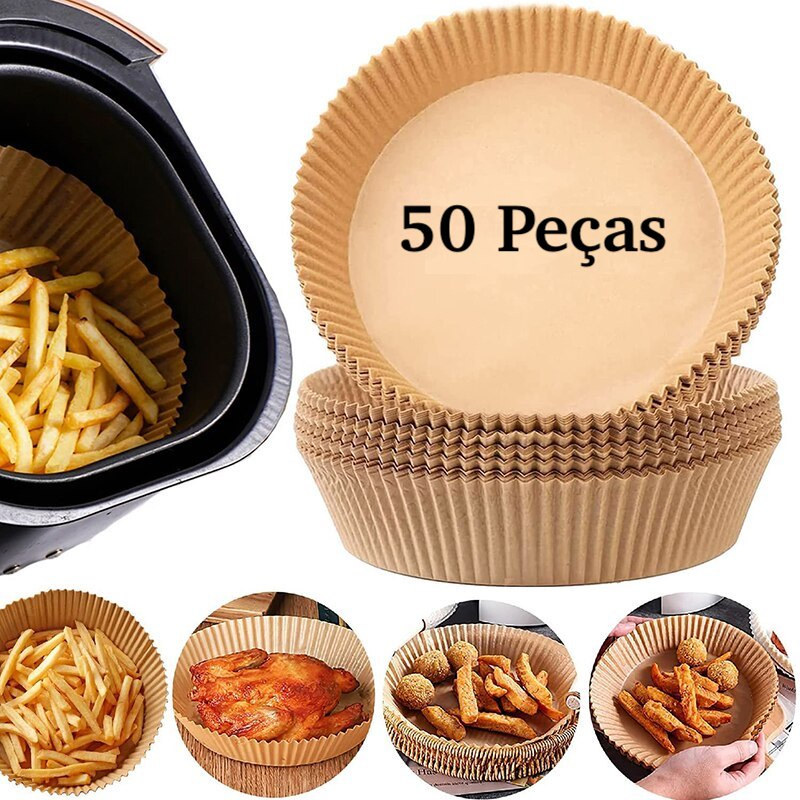 KIT 50 Unidades Forma Air Fryer Descartável Antiaderente Redonda Forro De Papel Vegetal