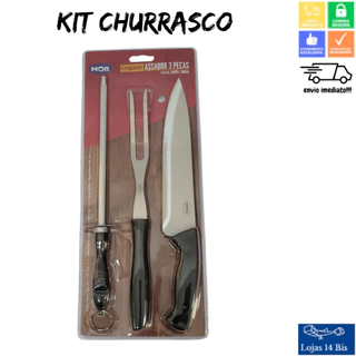 Kit Churrasco Assador com 3 Peças Garfo Faca e Amolador de Facas Mor