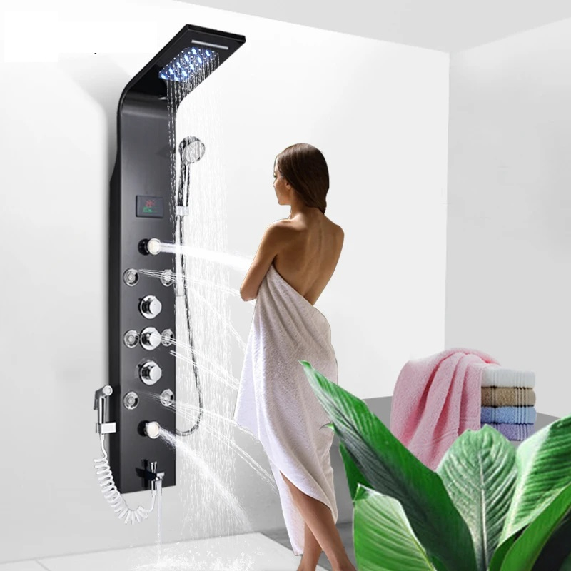 Ducha De Inox C/ Hidromassagem Cascata E Led, Chuveiro Coluna vertical