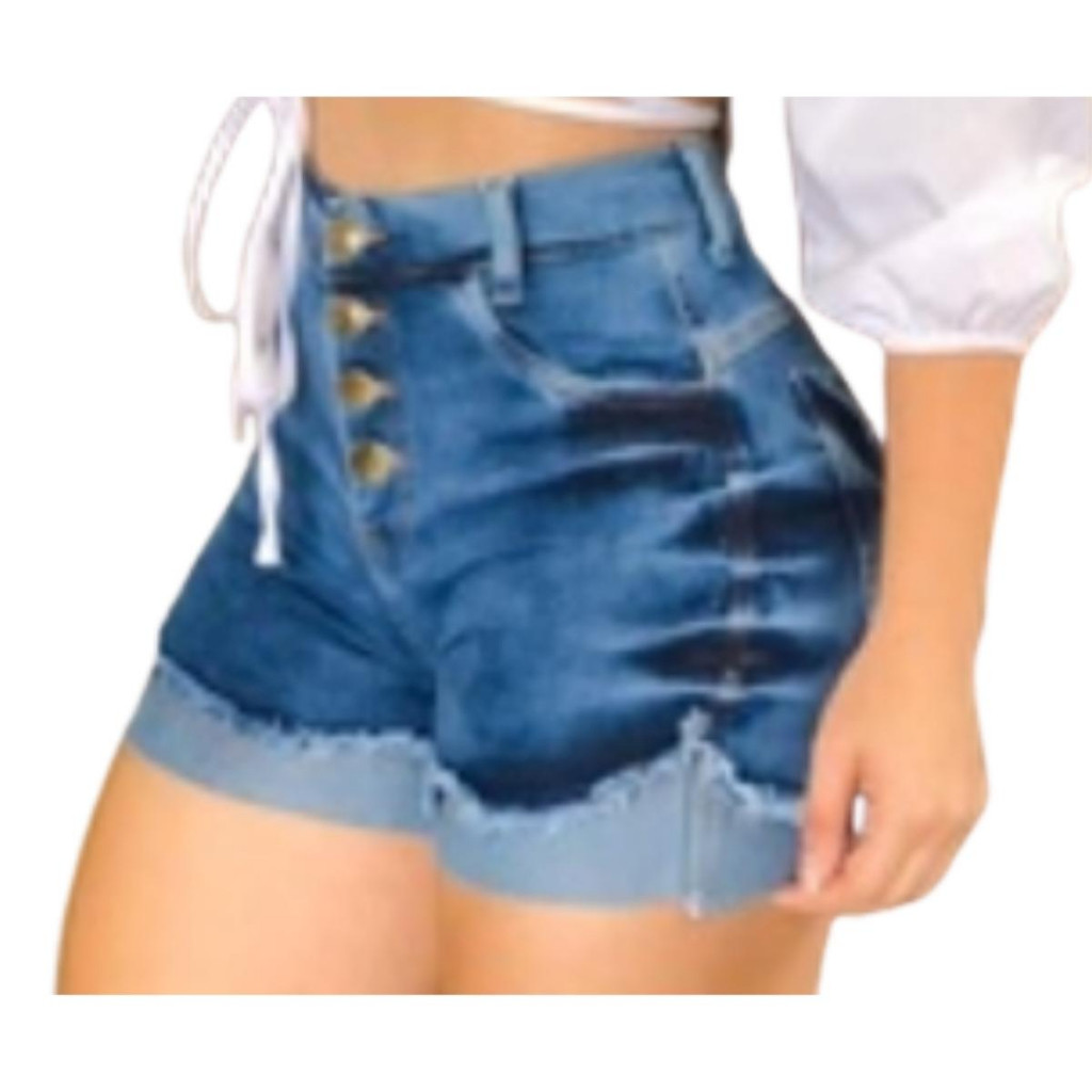 Short Jeans Feminino Curto com Lycra Cintura Alta Levanta e Empina Bumbum com Barra Dobrada