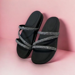 Sandália Papete Birken Feminina 3 Tiras Com Brilho Strass Chinelo Rasteirinha Tendência