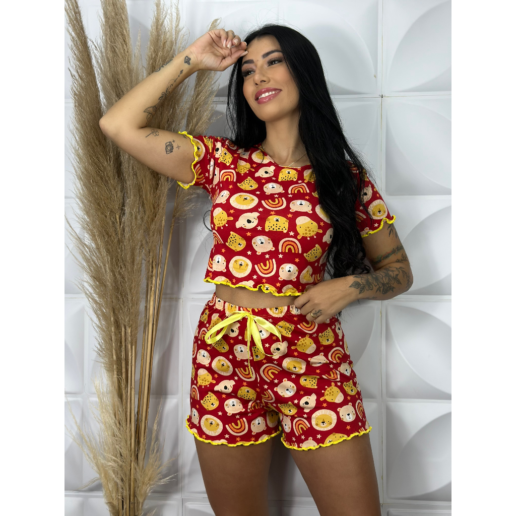 Pijama Feminino Adulto Ondinha Cropped Baby Doll Short Estampado Suede Roupa de Dormir