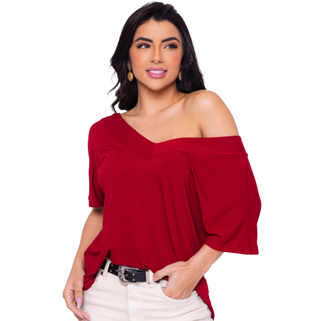 Blusa feminina gola V manga curta soltinha