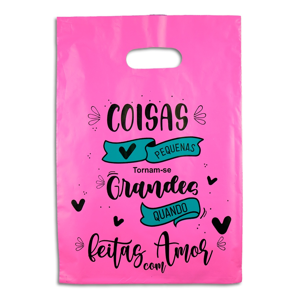 50 Sacolas Sorriso Plástica Personalizada, Frase "Coisas Pequenas tornam-se Grandes quando feitas com Amor."