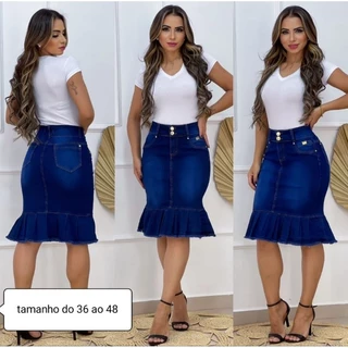 Saia jeans secretária com Babado do 36 ao 48
