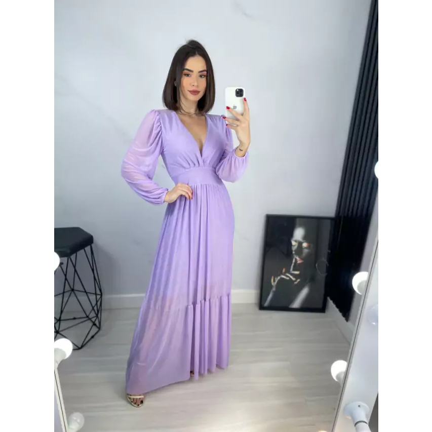 Vestido Longo Tule com Manga Moda Evangélica Chá Revelação