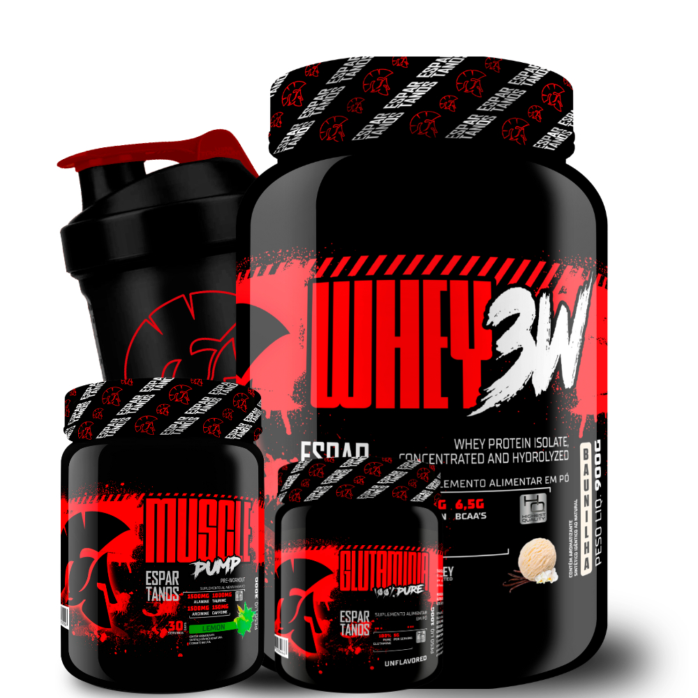 Whey Protein 3w 900g + Pré Treino Muscle Pump Limao 300g + Glutamina 100% Pure + Shaker – Espartanos