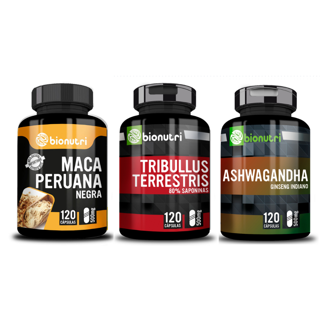 Kit Maca Peruana Negra + Tribullus + Ashwaganda Ginseng Indiano 120 Cápsulas Cada Pote - Bionutri