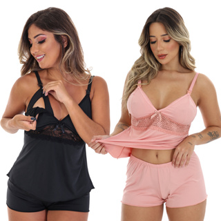 Kit 2 Short Doll Amamentação Feminino Com Click Abre Fácil Preto Rosa Azul Gestante Baby Doll Pós Parto Pijama Para Amamentar Com Renda