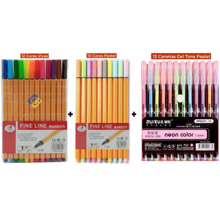 Kit Canetas Coloridas Ponta Fina 12 Cores + 10 Cores Pastel + 12 Gel Pastel