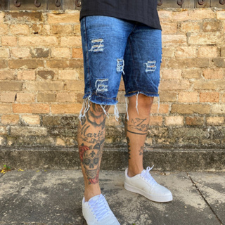 Bermuda Jeans Masculina Destroyed Marmorizada Linha Premium
