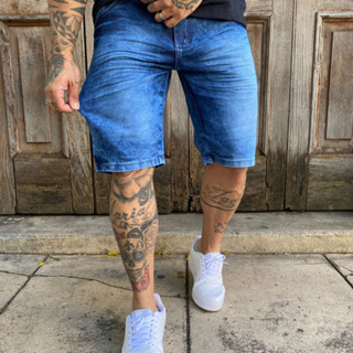 Bermuda Jeans Masculina Linha Premium Marmorizada Básica Com Plissado