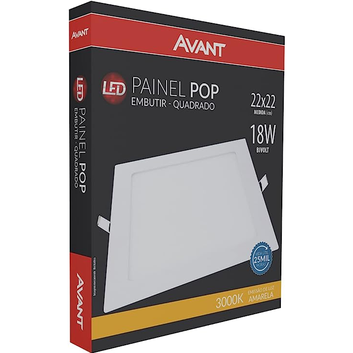 Painel Plafon Embutir 18w 22x22 3000k(amarela) - Avant