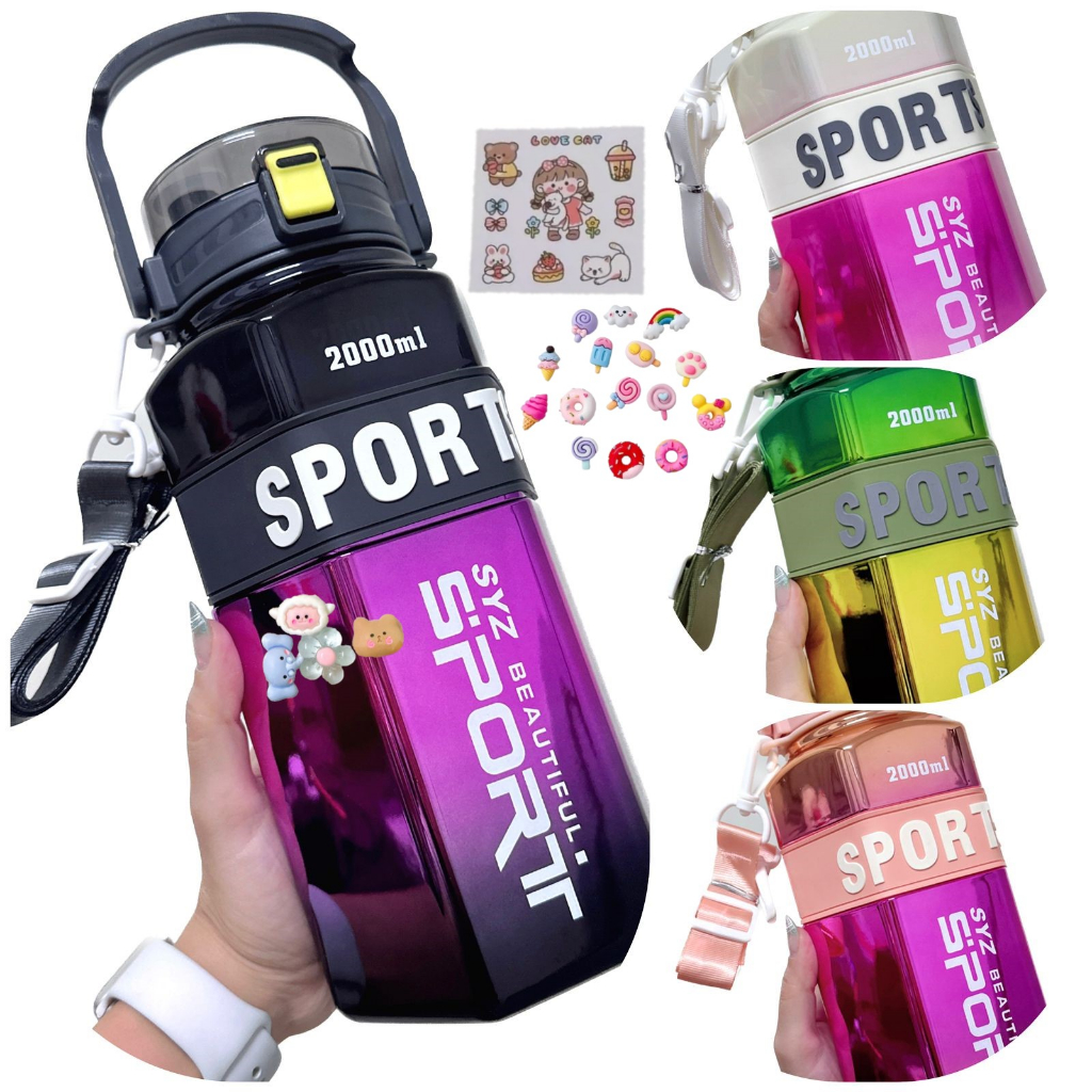 Garrafa de Agua Grande Metalizada 2 Litros, 700ml ou 260ml Com Adesivos, Canudo e Frases Motivacionais - GA9