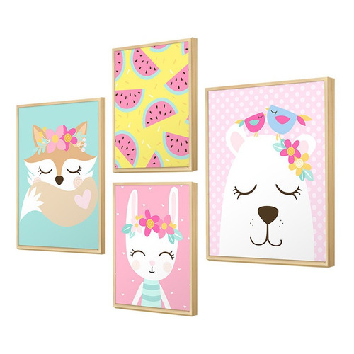 Kit 4 Quadros Para Quarto Infantil Bebê Animais Coloridos