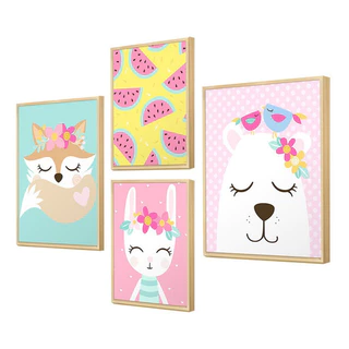 Kit 4 Quadros Para Quarto Infantil Bebê Animais Coloridos
