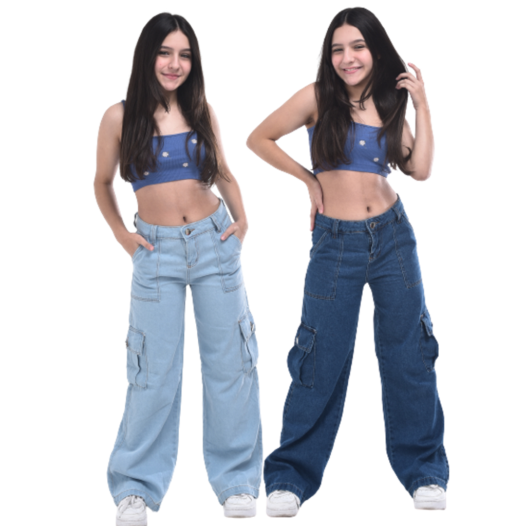 Kit 2 Calça Cargo Jeans Menina blogueirinha Juvenil 10 ao 16 anos com bolsos laterais premium