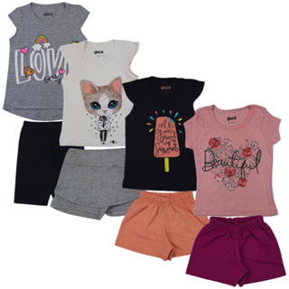8 peças Roupa Criança Conjunto Infantil Menina 4 Blusas + 4 Shorts