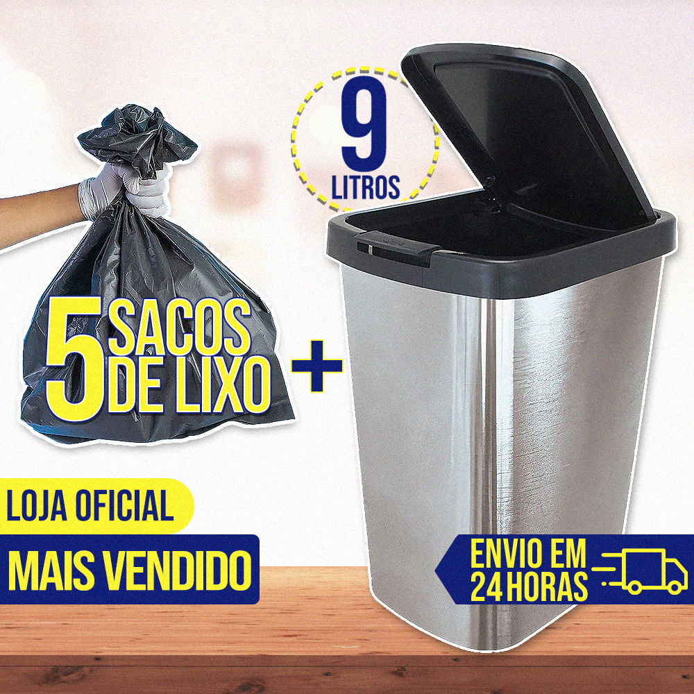 Kit Lixeira 9 Litros Tipo Inox Saco de Lixo Reforçado 20 Litros Cesto de Lixo Saco Plástico Automática Sensor Para Banheiro Cozinha Sala Quarto Tampa Click Label PRONTA ENTREGA