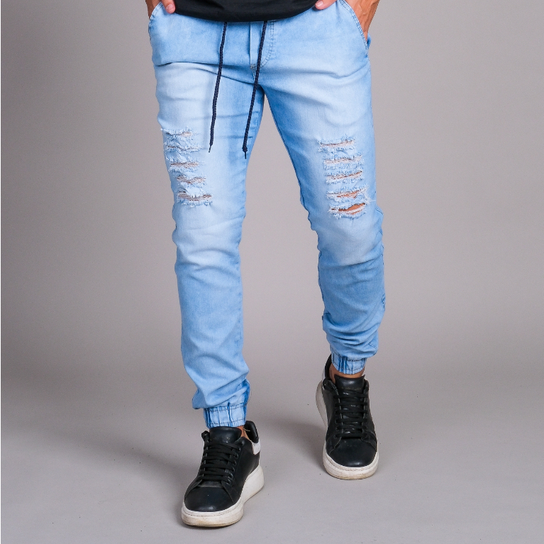 Calça Jogger Jeans Lavado Punho