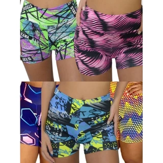 Kit com 5 shorts feminino meia coxa cintura alta academia caminhada estampados legging