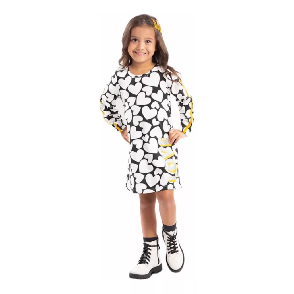 VESTIDO XADREZ PRETO E BRANCO CORAÇÕES - Priluli Kids