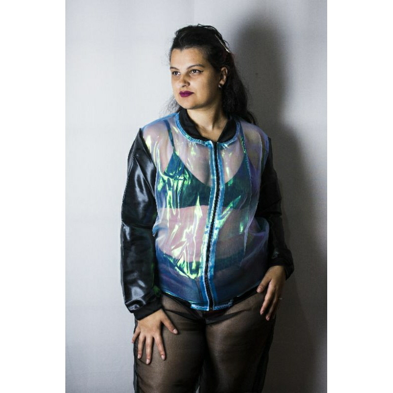 Jaqueta Bomber Holográfica Organza Transparente Várias Cores