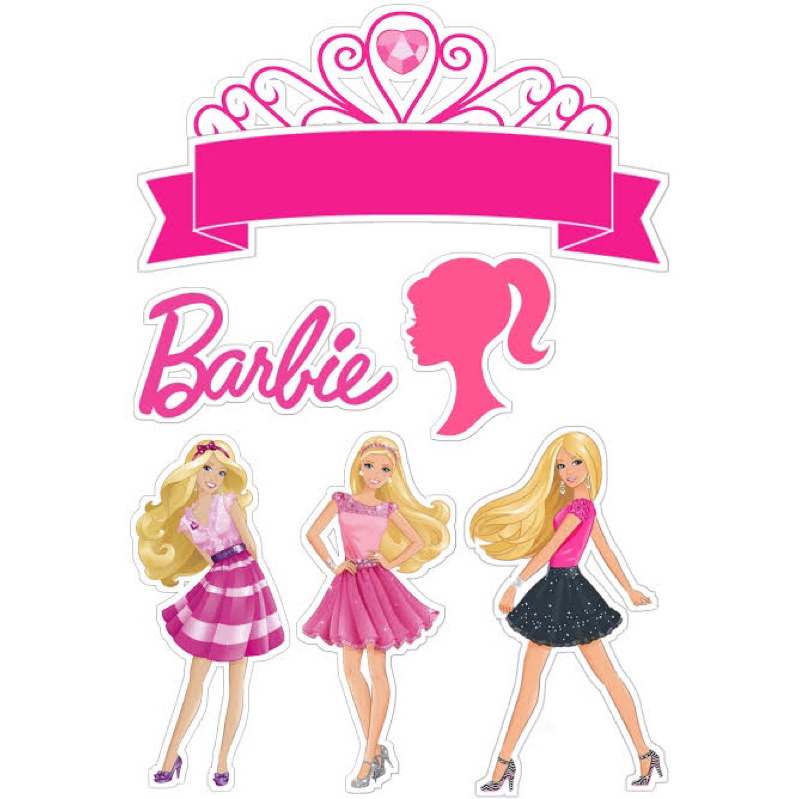 Topo de Bolo Topper Tags Barbie 3D Rosa e Prata