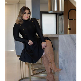 Vestidos Plus Size Evangélico Social Manga longa e Gola Alta Preto Com botões Estilo Sobretudo