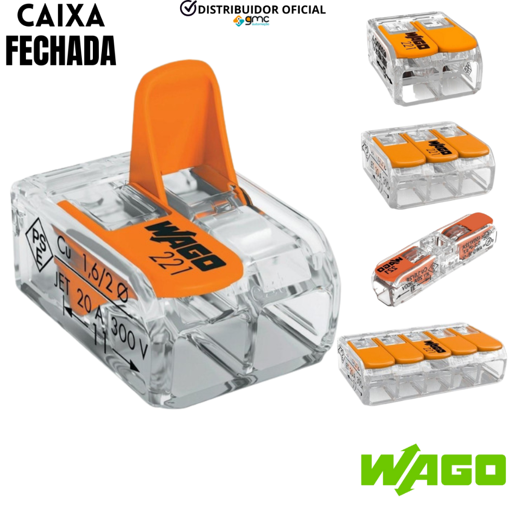 Caixa fechada Conector Elétrico Emenda Wago 221 Original 1, 2, 3 e 5 vias - 4mm e 6mm