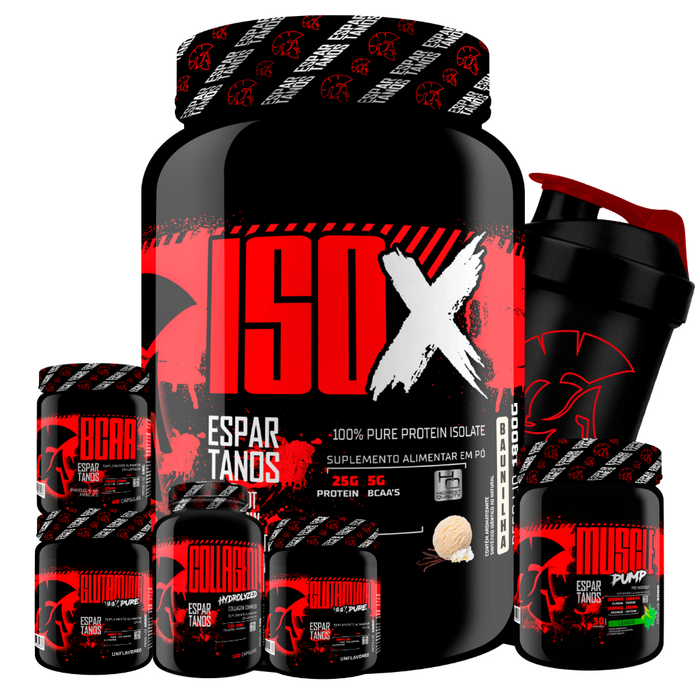 Kit Whey Protein ISO X 1800g + Creatina 100g + BCAA + Glutamina 100g + Colágeno + Pré Treino + Coqueteleira