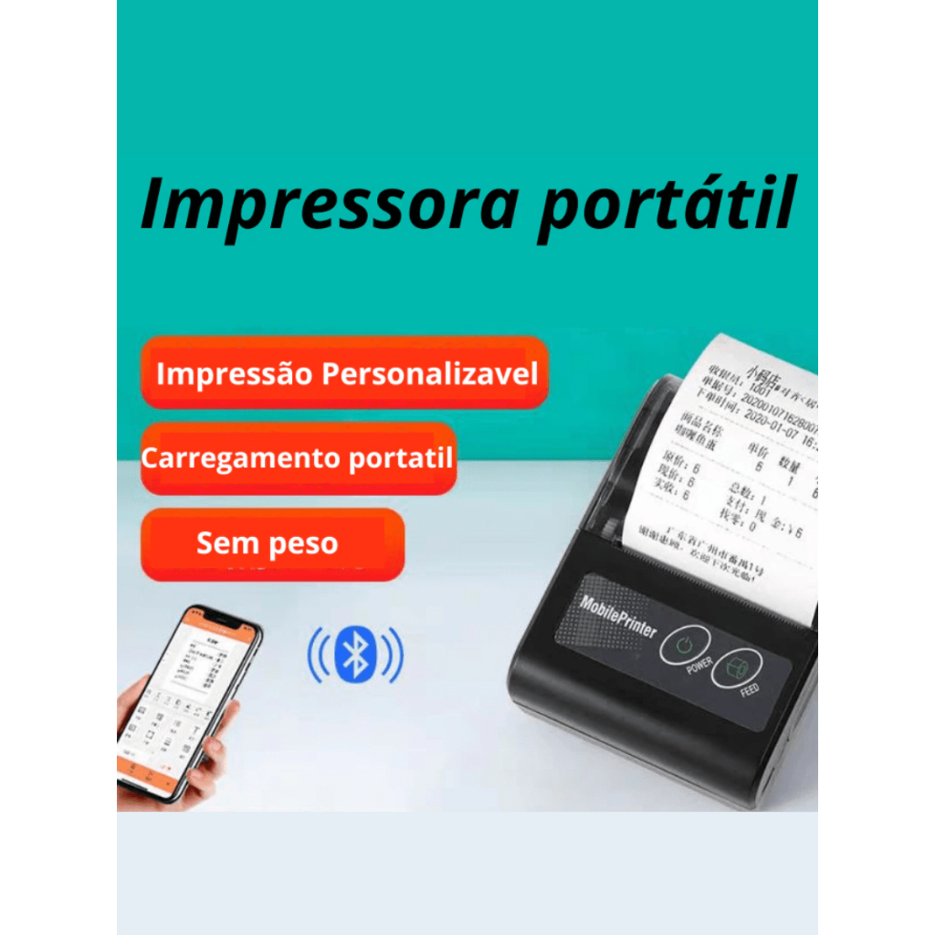 Mini Impressora Portátil Bluetooth para Notas Fiscais, Etiquetas, Recibos
