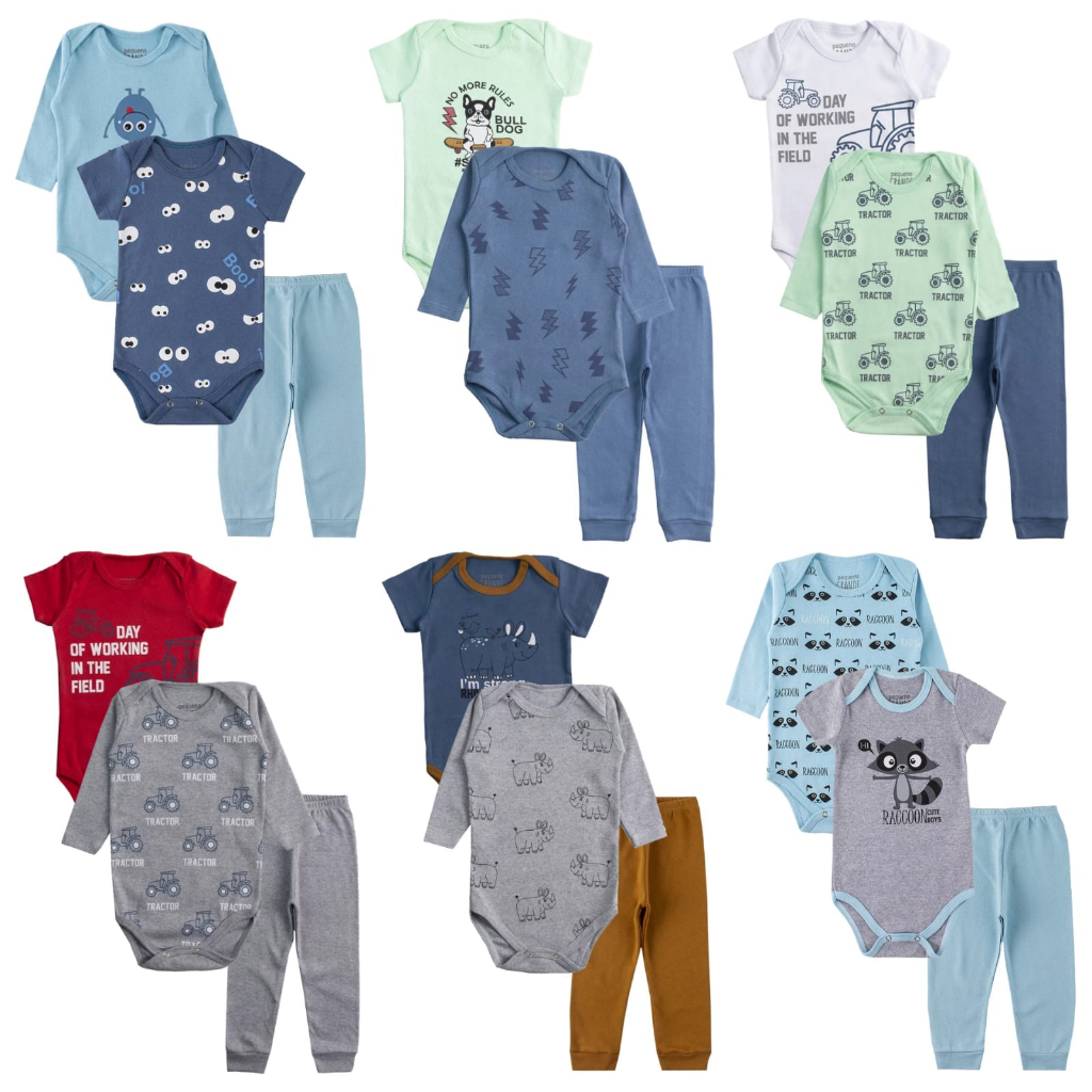 Kit 12 peças body bebê manga curta manga longa mijão menino roupa bebe