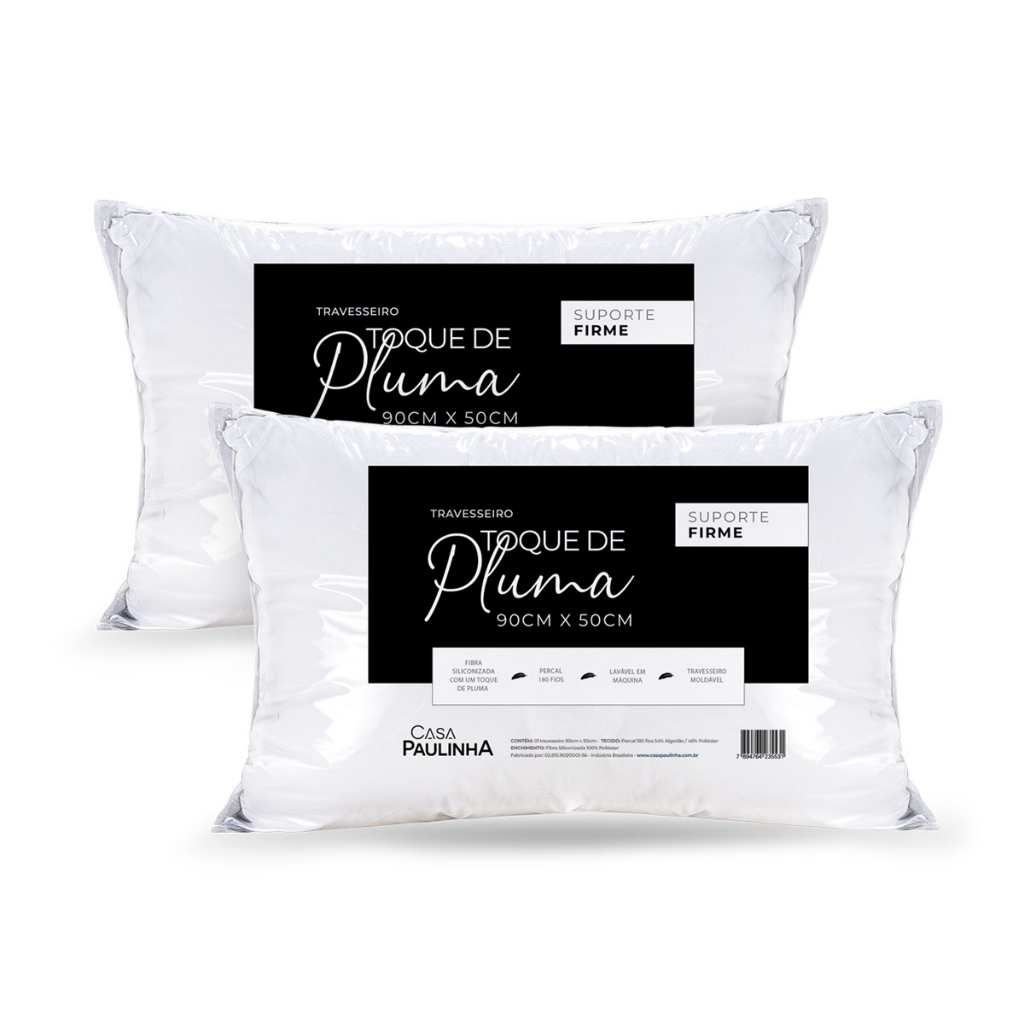 Kit 2 Travesseiros Pluma em Percal 180 Fios Firme Alto e Confortável 90cm x 50cm