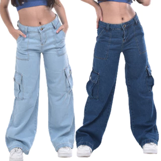 KIT 2 Calças Cargo jeans juvenil feminina
