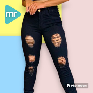 Calça Jeans Preta Skinny Feminina Cintura Alta Detalhe Rasgada Nos Joelhos  Moda Tendência. em Promoção na Americanas