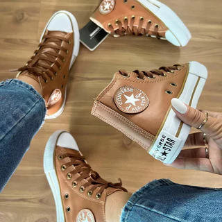 Bota Allstar Caramelo tenis cano alto estrela lateral bege