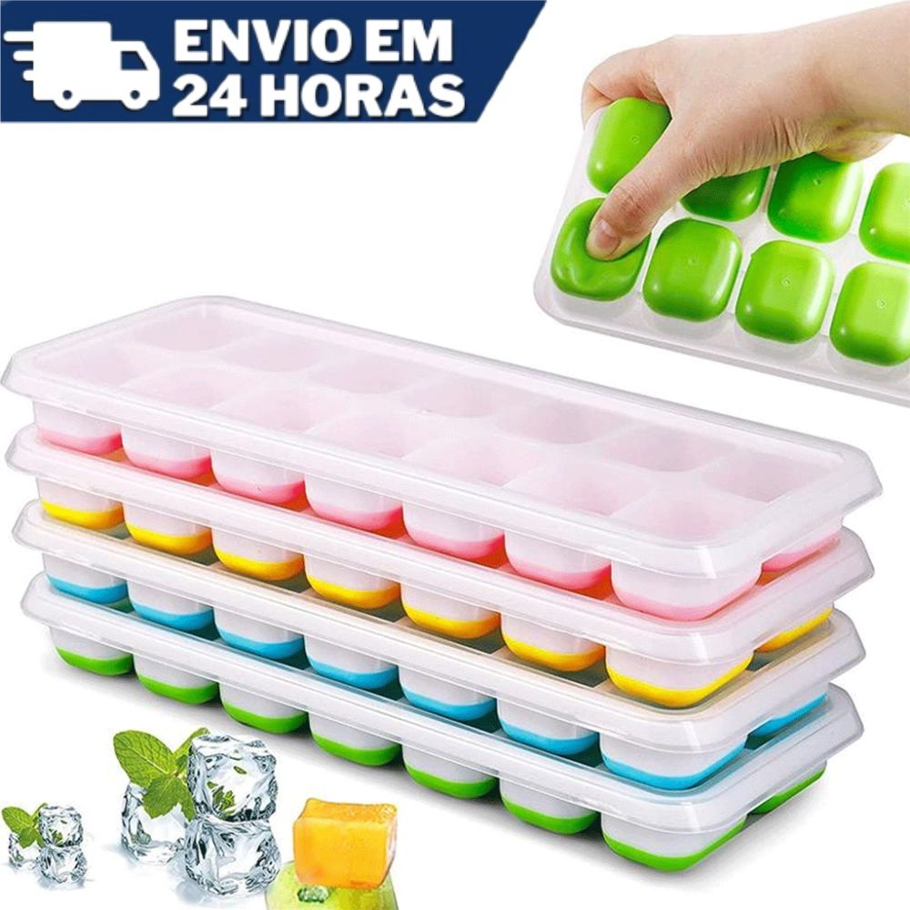 Forma de Gelo Silicone Tampa Rígida Flexível Fundo 14 Cubos Retangular Multiuso Lavável Promoção