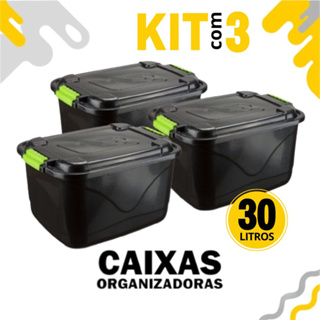 Kit 3 Caixas Organizadora C/ Tampa e Trava 30L Cestos Organizadora Grande para Brinquedos e Multius