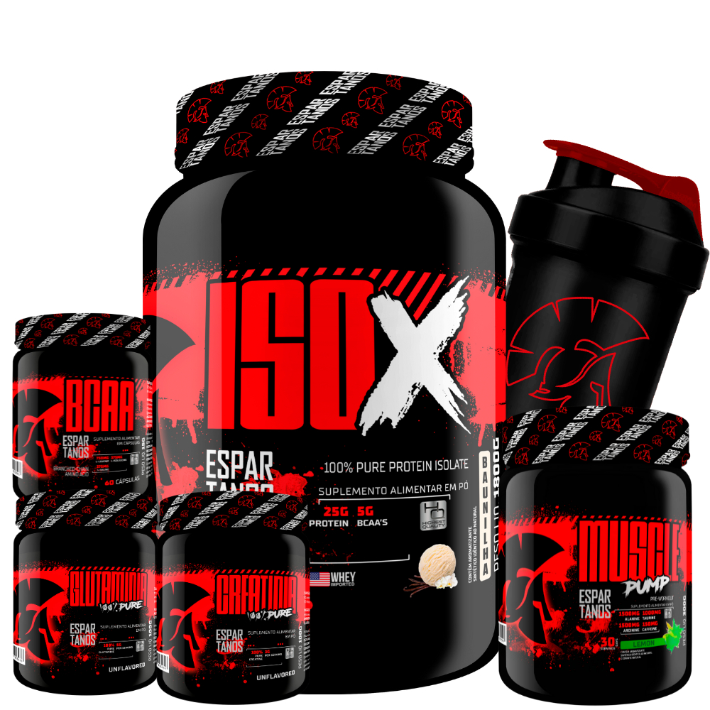 Kit Whey Protein ISO X 1800g + Creatina 100g + BCAA + Glutamina 100g + Pré Treino Limão + Coqueteleira