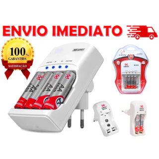 Carregador de Pilhas Baterias AA AAA e 9V de Parede Super Rápido Mox Bivolt Com 4 Pilhas Recarregáveis